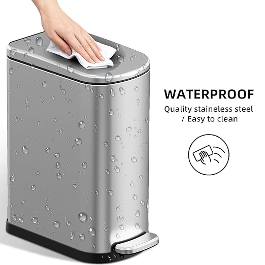 2.6 Gal Bathroom Trash Can with Soft Close Stay Open Lid, Small Rectangular 10L Stainless Steel Waste bin for Narrow Space, Waterproof, Odor Protection, Gold