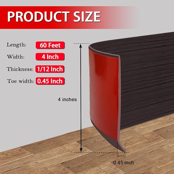 FONUNO Vinyl Wall Base Baseboard Molding Trim 4" Flexible Self Adhesive Rubber Wall Base Moulding Trim Peel and Stick Design, 4 Inch x 60 Feet, Black Walnut Wood Grain