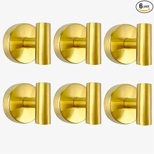 6 PCS Suction Cup Shower Towel Hooks, Wall Mount Robe Holder, Heavy Duty No Drill Wall SUS304 Waterproof Stainless Steel Hooks for Bedroom, Bathroom, Kitchen, Hotel and Office (Brushed Golden)