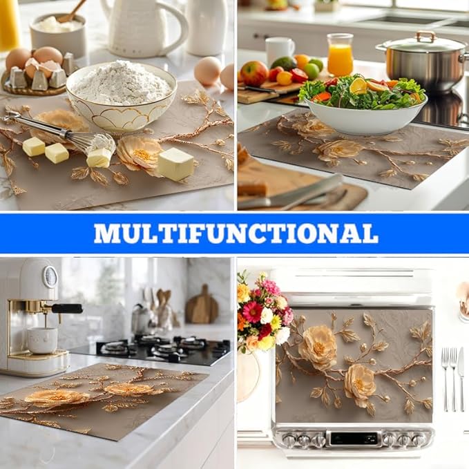 Stove Top Covers for Electric Stove, Oil-Resistant Stove Shield, Wipe-Clean Counter Protector, Multi-Purpose Appliance Pad, 28.3 x 20.5 Inches, Neutral Floral Decor（Peony flower2）