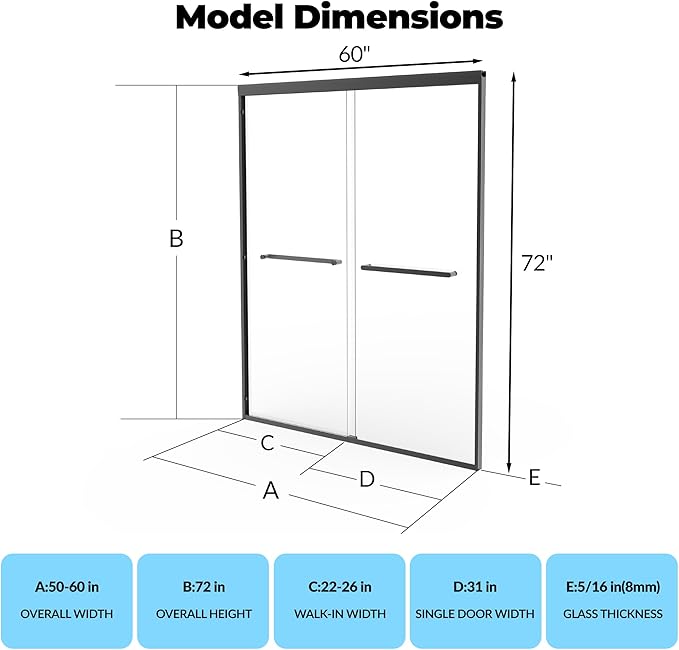 Shower Doors Glass Sliding 60 Inches, 56–60 inch W x 72 inch H Double Sliding Shower Doors, 8mmTempered Glass Sliding Shower Doors with Easy-Clean Coating, Smooth Rollers.Aluminum