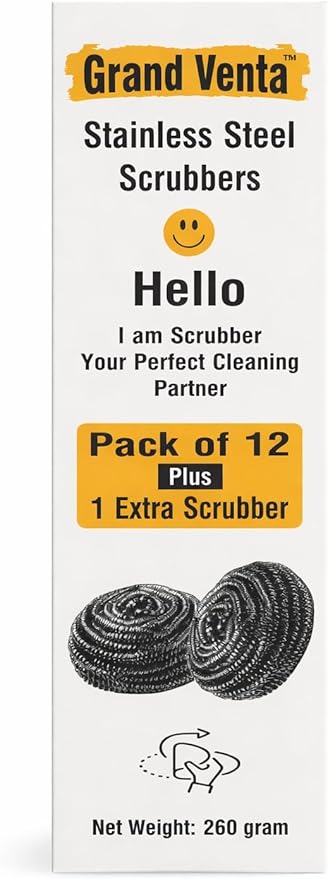 Stainless Steel Wool Scrubbers - Pack of 12 + 1 Extra | Flexible Metal Scouring Pads for Cleaning Kitchen Dishes, Pots, Pans, Ovens, Grills & Sinks (20g)