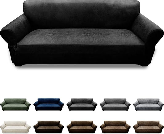 Couch Cover Leather Look 3 Seater Couch Sofa Cover 1-Piece Sofa Slipcover Stretch Furniture Protector with Elastic Bottom & Pockets(Sofa, Black)