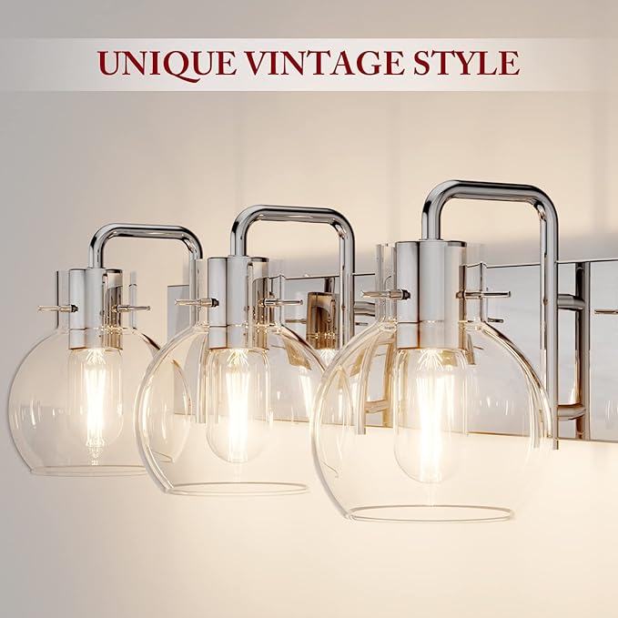 Tipace Modern Bathroom Vanity Lighting Fixtures 3-Lights Industrial Stainless Steel Chrome Finish with Globe Clear Glass Vanity Lights Farmhouse Bath Lighting(Exclude Bulb)