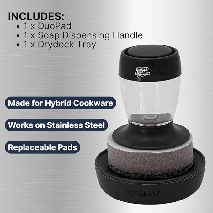 Stainless Steel & Hybrid Cookware Scrub & Polisher with Soap-Dispensing Handle, Dual-Layer DuoPad & Drydock Tray. Refillable, Ergonomic, Safe for All Hybrid and Stainless Steel cookware.