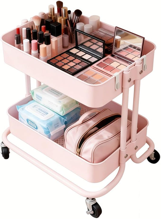 2 Tier Rolling Cart with Wheels for Under Desk Storage, Pink Small Rolling Pantry Storage Cart for Small Space, Metal Short Utility Shelf for Vanity Kitchen Bathrrom Laundry Organization