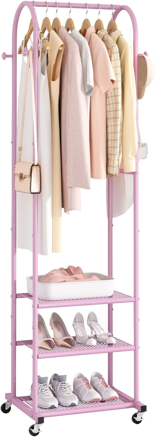 Heavy Duty Clothing Rack with Wheels,Modern Garment Rack with 3 Metal Shelves, 71.8Inches Display Rack for Hanging Clothes, Hanging Rod for Small Space,Pink
