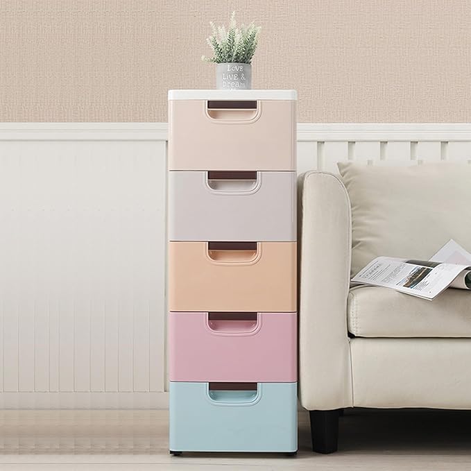 5 Drawer Stackable Storage Tower,Plastic Drawers Dresser,Narrow Rolling Storage Cabinet for Livingroom Bedroom,Colored