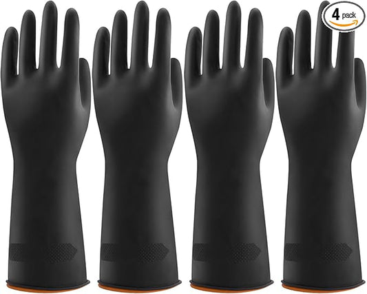 Bamllum 4 Pairs Black Rubber Dishwashing Gloves - Reusable Cleaning Gloves for Kitchen, Household, Anti-Slip, Flexible & Long-Lasting (Medium)