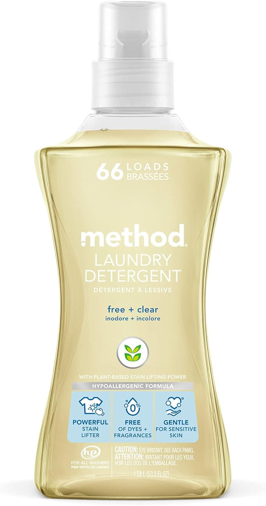 Method Liquid Laundry Detergent; Fragrance Free + Clear; Stain Remover; 66 Loads per 53.5 fl oz bottle; (Pack of 1)