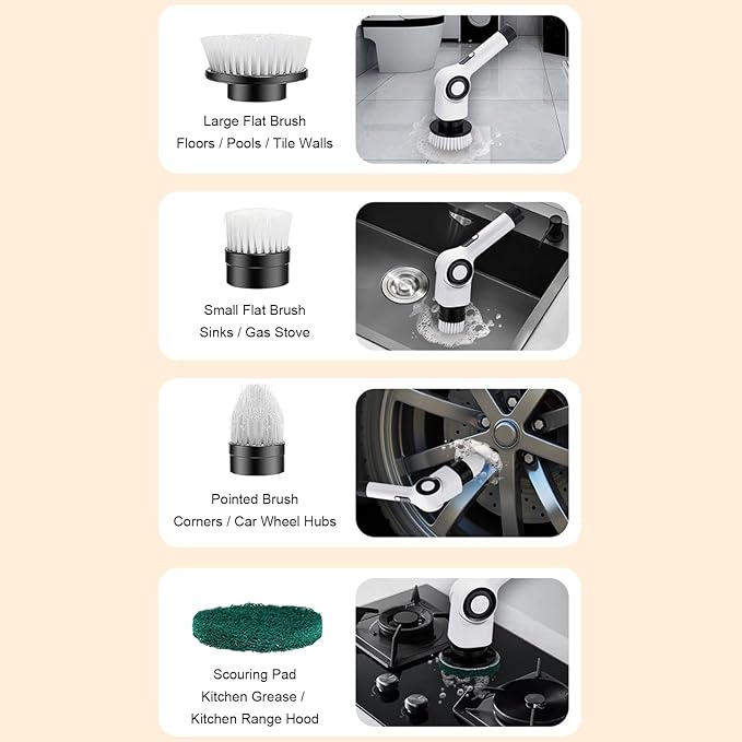 Electric Spin Scrubber, 7 in 1 Electric Scrubber, IPX7 Water Proof, 3 Speed Adjustable, Cordless Cleaning Brush Extension Handle 7 Replaceable Heads for Bathroom