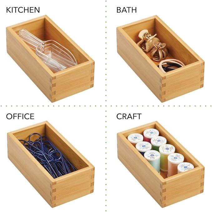 mDesign Bamboo Storage Bin Container, Drawer Organizer Crate Boxes for Kitchen Pantry Cabinet, Shelf, Island or Countertop, Holds Snacks, Spices, or Drinks, Echo Collection, 4 Pack, Natural/Tan