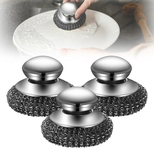 Stainless Steel Wool Scrubber with Handle,2025 New Steel Wool Scrubber with Handle,Replaceable Steel Brush Wool Pads,Detachable Metal Scrubber for Dishes,Iron Pots,Stoves (Scrubber/3pcs)