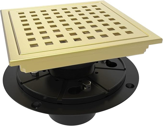 WEBANG 6 Inch Square Shower Floor Drain with Flange,Quadrato Pattern Grate Removable,Food-Grade SUS 304 Stainless Steel,Watermark&CUPC Certified, Brushed Gold