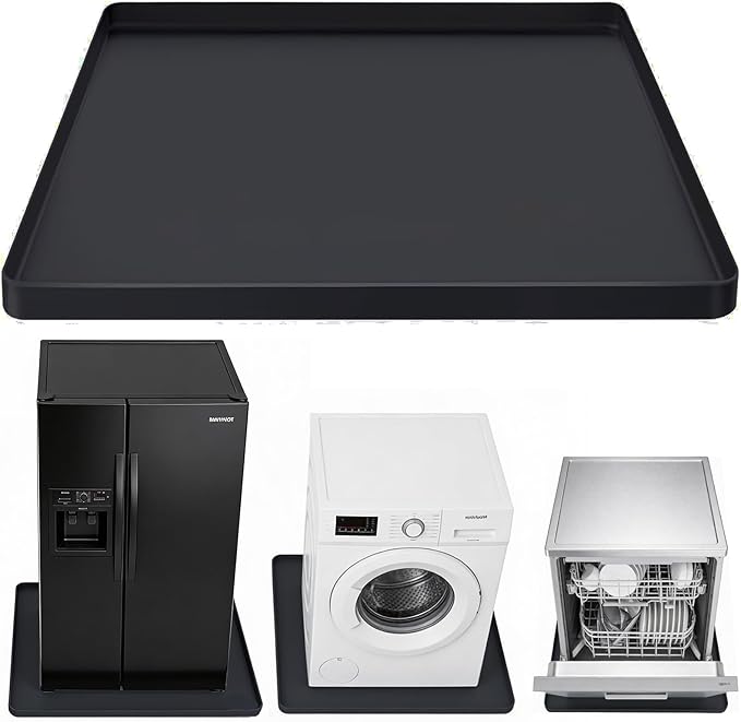 27×27×0.79inch Washing Machine Pan, With Raised Edge Washer Drip Tray, Drain Pan Silicone Mat, Foldable Portable Anti-Vibration Non-Slip Waterproof Pad, Smooth Surface (Black)