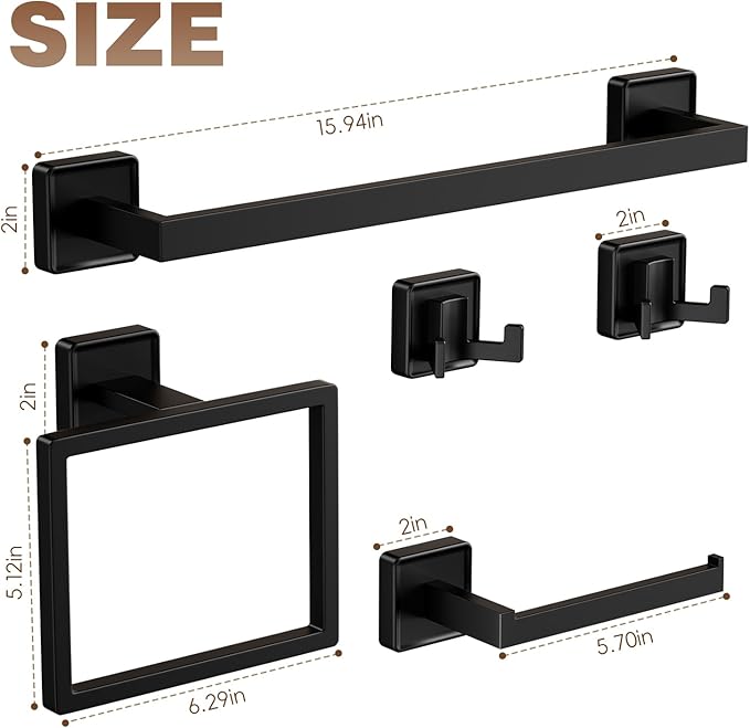 Towel bar Set, 5-Piece Bathroom Hardware Set, 5-Piece Bathroom Accessories Set, Stainless Steel Towel bar Set, 16-inch Towel Rack Set, Matte Black, Wall-Mounted Bathroom Towel Rack