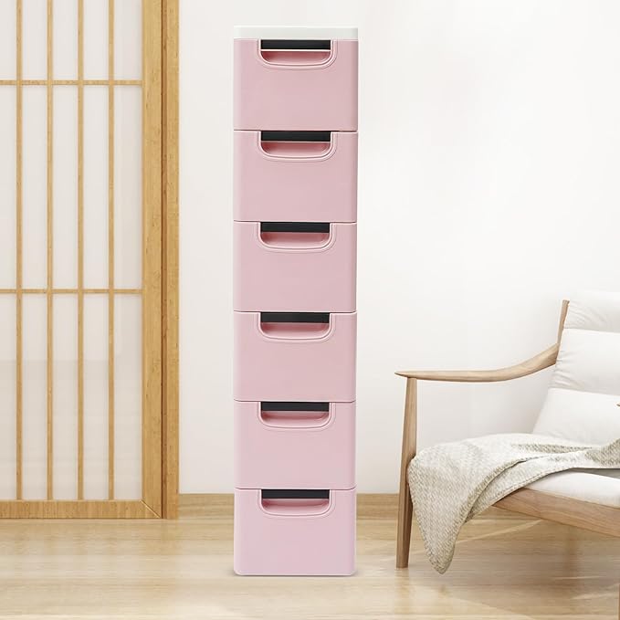 6 Drawers Storage Cabinet, Narrow Plastic Dresser, Rolling Organizer Cart, Mobile Slim Utility Cart on Wheels, Storage Drawer for Small Spaces (Light Pink)