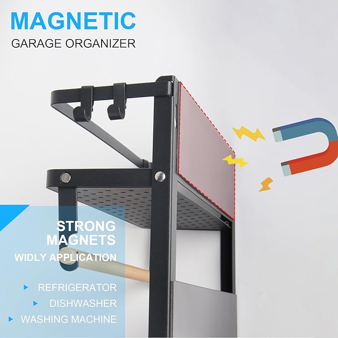 Garage Magnetic Rack Foldable, 2-in-1 Paper Towel Holder with Shelf, Garage Storage Organization, Heavy Duty Paper Towel Holder with 5 Removable Hooks for Tool Shed, Garage, Workbench, Kitchen