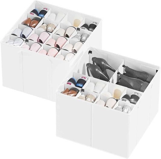 SpaceAid Shoe Organizer for Closet, 2 Pack Foldable Shoe Storage Containers Baskets Boxes Bins w/Adjustable Dividers, Fits 16-32 Pairs, White