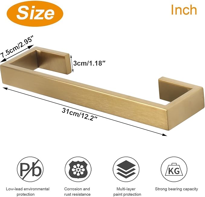 TocTen Bath Towel Rack - Square Base Thicken SUS304 Stainless Steel Towel Bar for Bathroom, Bathroom Bar Accessories Towel Rod Heavy Duty Wall Mounted Towel Holder (Brushed Gold, 12 Inch)