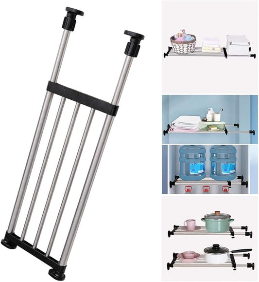 BAOYOUNI Adjustable Closet Shelf Expandable Shelves Tension Rod Hanger Space Saving Storage Rack Organizer Divider for Wardrobe, Cupboard, Kitchen, Bathroom Use, Black, 2 Pack