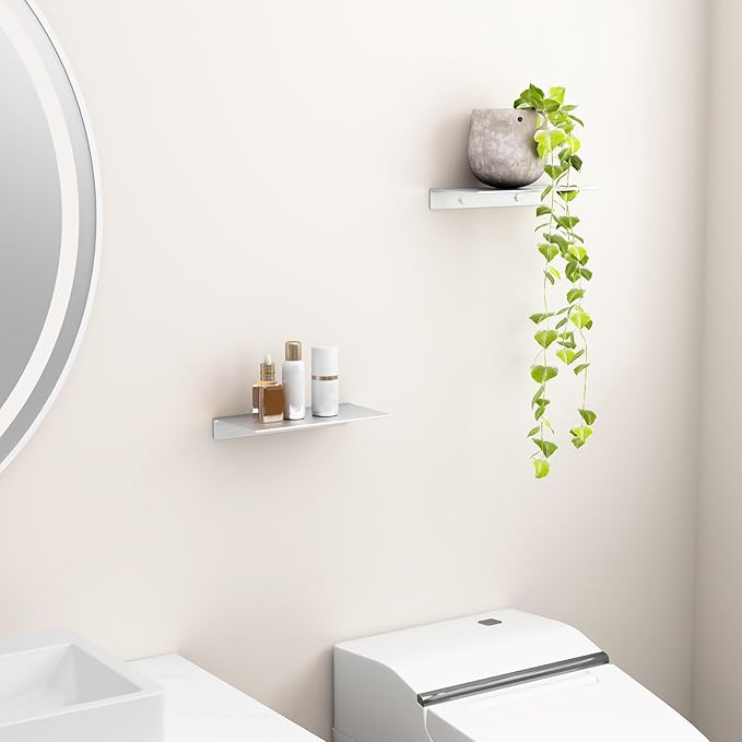 Danpoo Adhesive Floating Shelves for Wall Storage, Metal Wall Shelves, Small Bathroom Shelves Wall Mount, 8" Mini Display Shelves for Collectibles(Silver, 2PCS)