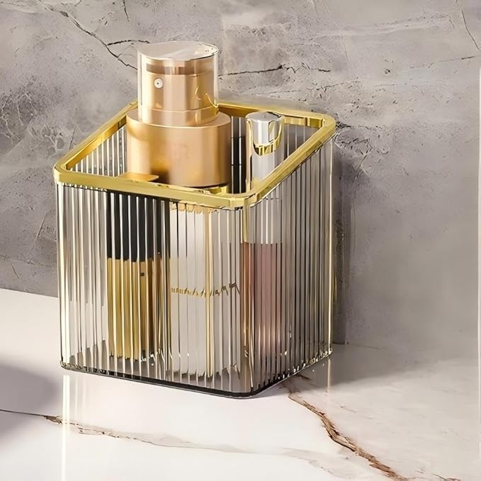 Adhesive Wall Shelves No Drill Hanging Organizer - Plastic Floating Storage Bins for Kitchen,Bathroom,Office - Makeup and Home Goods Mountable Shelf (Transparent and Gold)