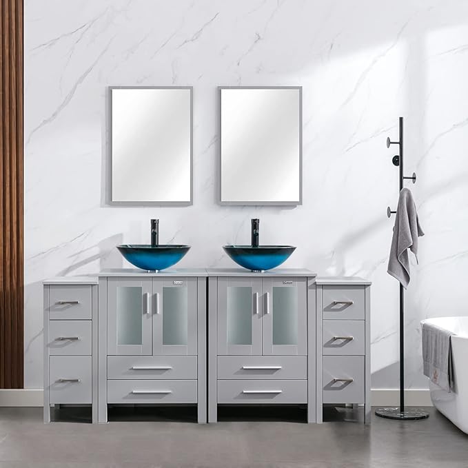 eclife 72" Modern Bathroom Vanity Sink Combo Freestanding Cabinet with Small Side Cabinet, Turquoise Square Glass Vessel Sink, Water Save Faucet, Drain (Gray+A10)