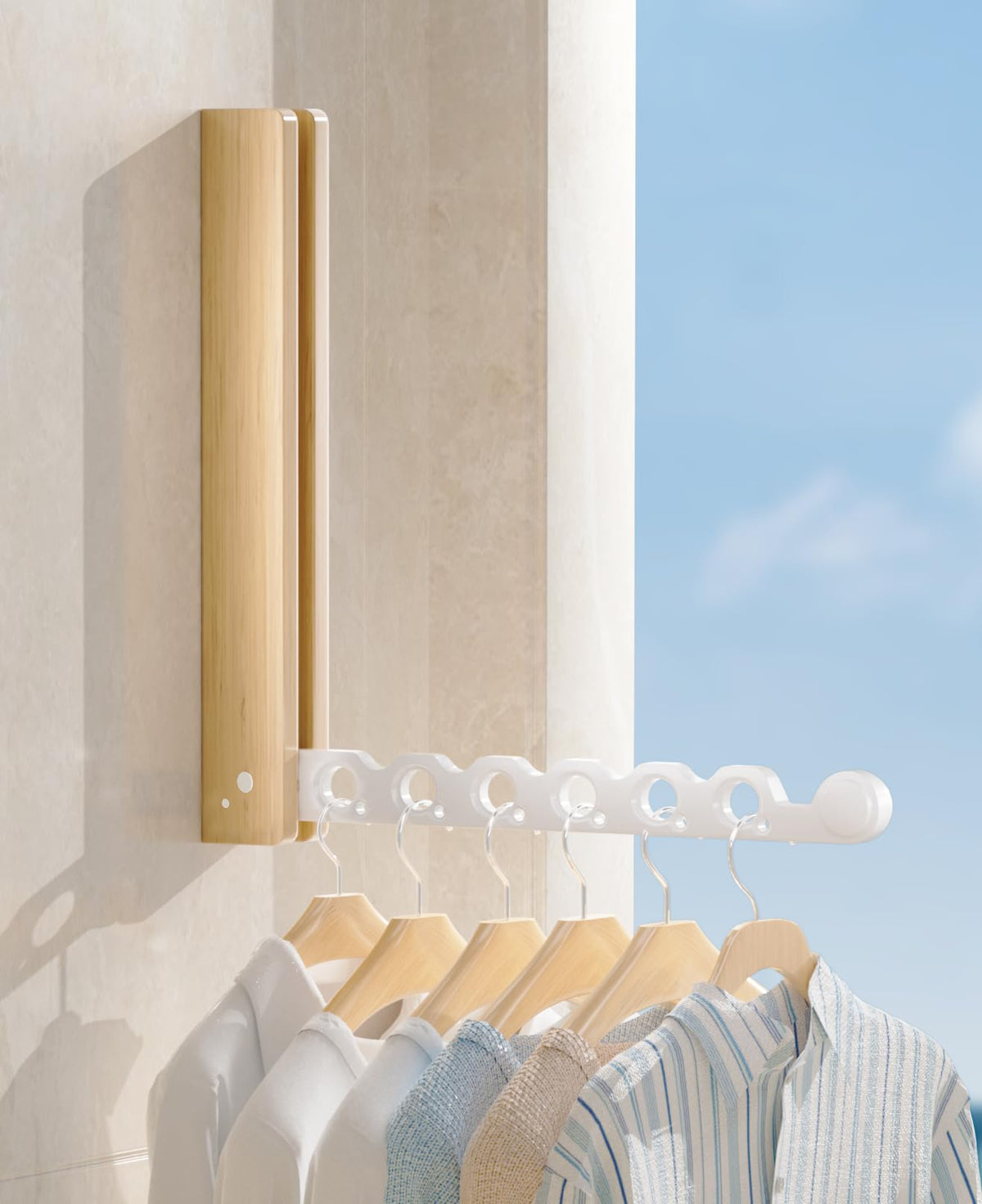 Natural Wood Folding Clothes Hanger Rack for Laundry Room - Image 1
