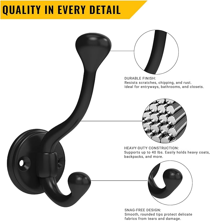 8 Pack Wall Hooks for Hanging, Heavy Duty Coat Hook Wall Mount, Easy to Install Metal Closet Hooks, Apply to Bathrooms, Bedrooms, Living Rooms, Entrances (Black)