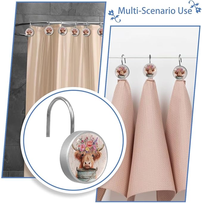 12 Packs Highland Cow with Flowers Shower Curtain Hooks, Stainless Steel Glass Shower Curtain Rings for Bathroom Decor, Rustproof Metal Curtain Rod Hooks