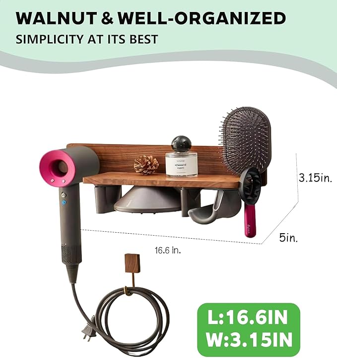 for Dyson Supersonic Hair Dryer Wall Mount Holder Stand- 5 Hole Magnetic Walnut Storage Rack for Blow Dryer & Attachments (nail-free model