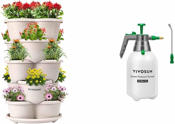 VIVOSUN 5 Tier Vertical Gardening Stackable Planter and 0.5Gal Handheld Garden Sprayer, 2L Pump Sprayer, 68 Oz Water Spray Bottle with Safety Valve, Adjustable Nozzle, Extended Spray Rod & Ad