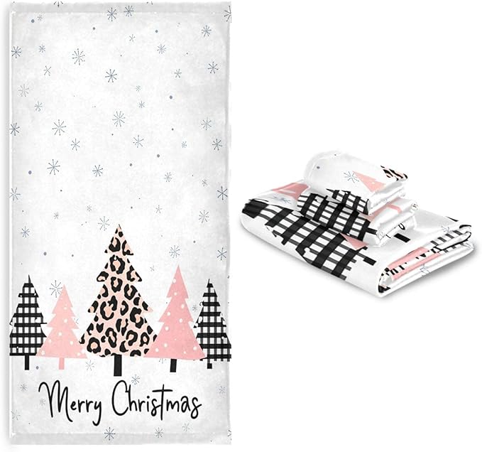 Pfrewn Plaid Pink Christmas Tree Towels Set of 3 Winter Forest Leopard Tree Grey Snowflakes Bathroom Towel Soft Absorbent Bath Hand Towels Washcloth Guest Towel Sets Xmas Holiday Decor