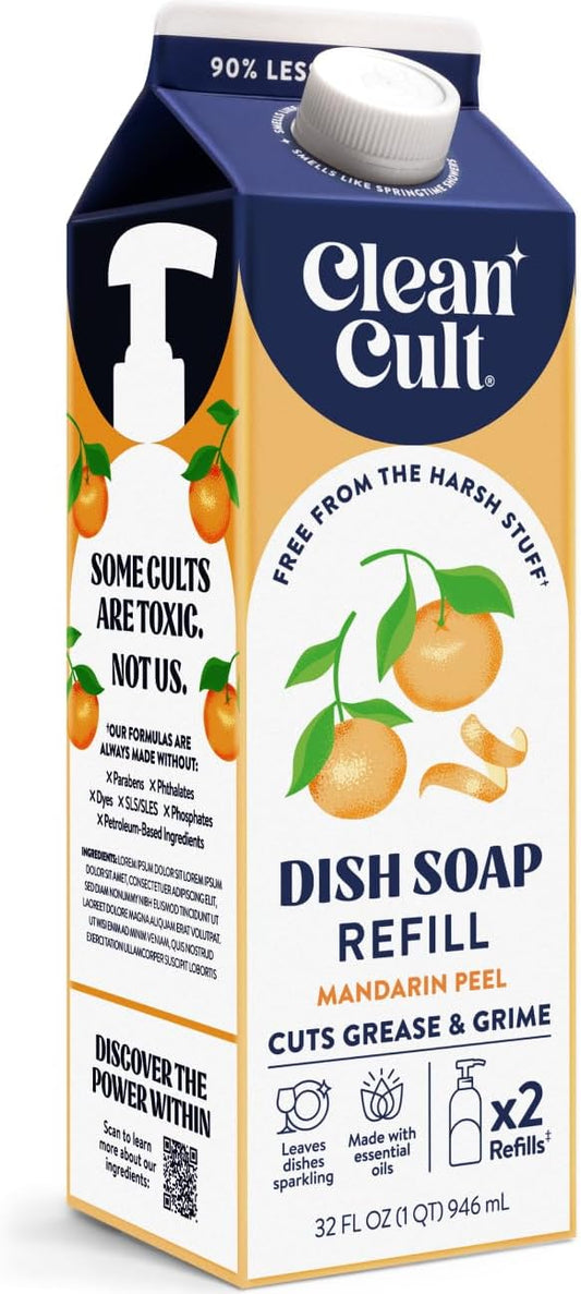 Cleancult Dish Soap Liquid Refill (32oz, 1 Pack) - Plant Based Cleaning Power - Dish Soap that Cuts Grease & Grime - Free of Harsh Chemicals - Uses 90% Less Plastic - Mandarin Peel