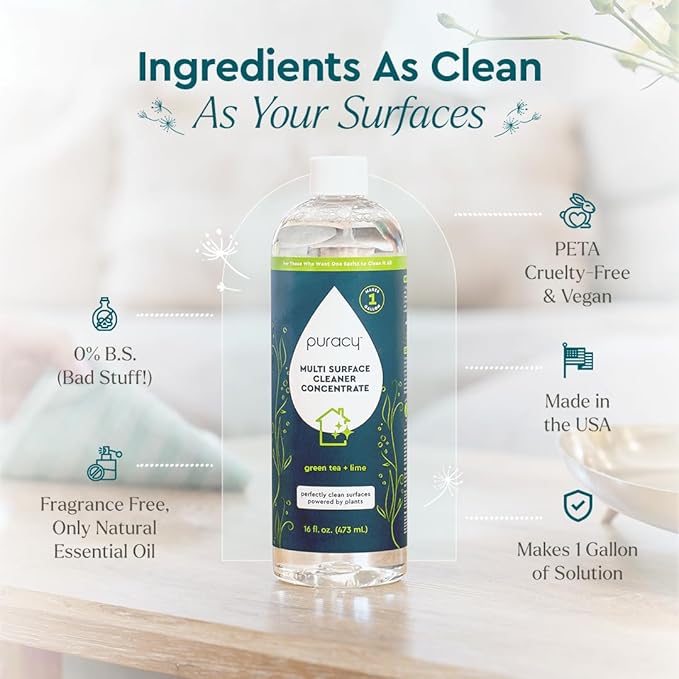 Puracy Multi-Surface Cleaner Concentrate - Plant-Powered All Purpose Cleaner - Surface Cleaner Solution As Seen on TikTok (Green Tea + Lime, 16 fl oz, 1 Pack)