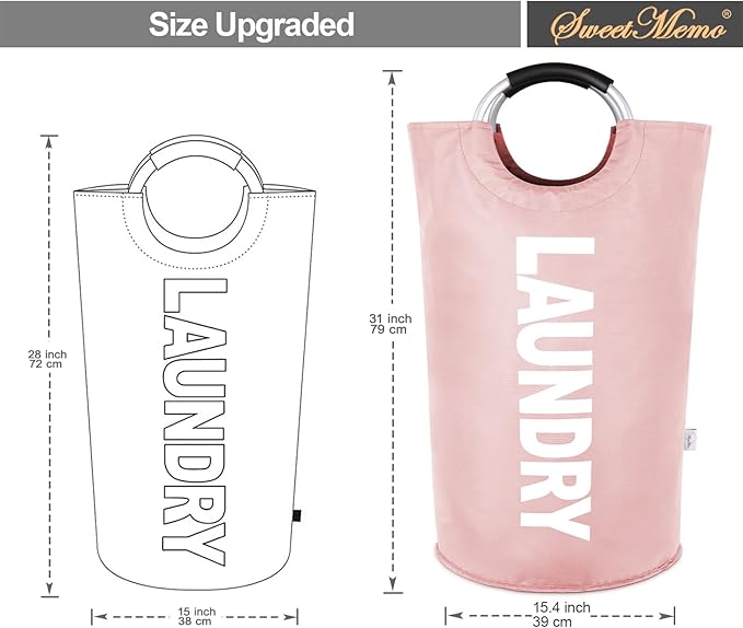 Laundry Hamper Bags 2 Pack, Large Laundry Baskets Collapsible, Dirty Clothes Hampers with Handles, Freedstanding Laundry Bin for Bedroom, College Dorm Room, Sturdy, Easy Carry (Pink)