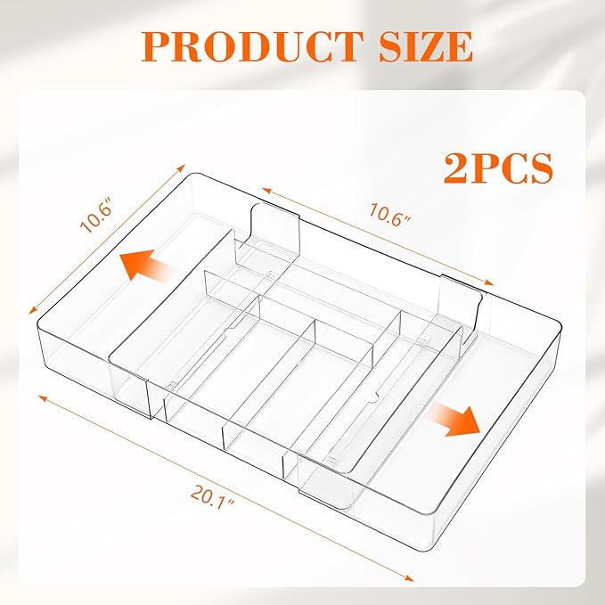 2 Pcs Large Expandable Acrylic Drawer Organizers, Grid Adjustable Drawer, Dividers Organizer for Desk, Makeup, Jewelry, Office, Kitchen Supplies (Clear,8 Compartments)