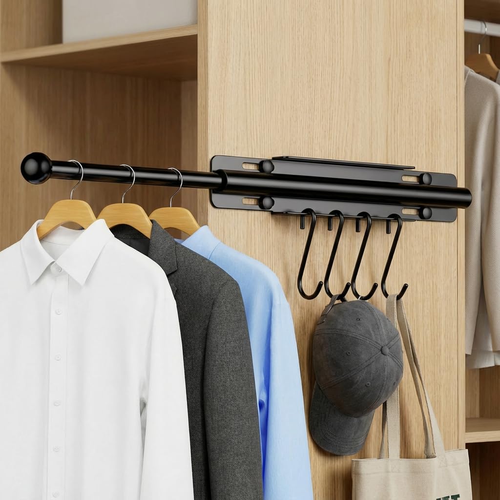Valet Rod for Closet Pull Out, 12 Inch, Black, 4 Hooks - Image 1