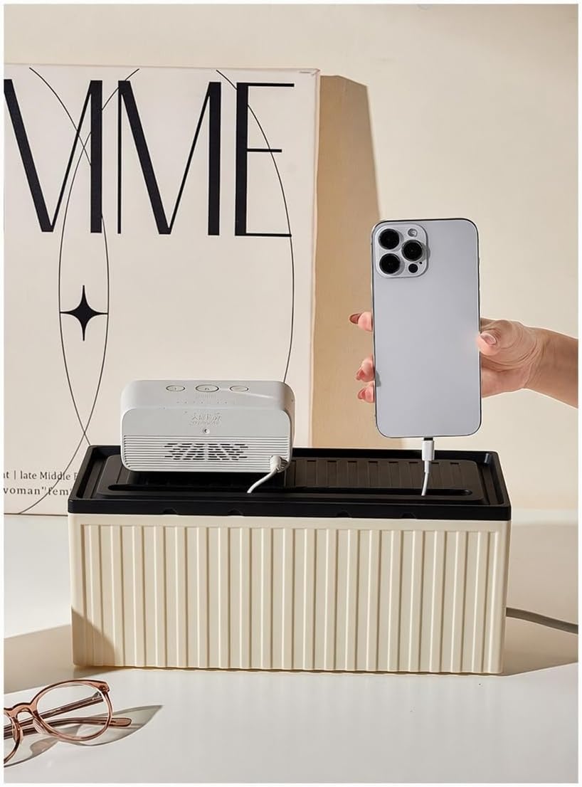 Cable Management Box with Phone Slot — Large Cord Organizer for Desk & Home Office, 12.8"×5.5", Cream White