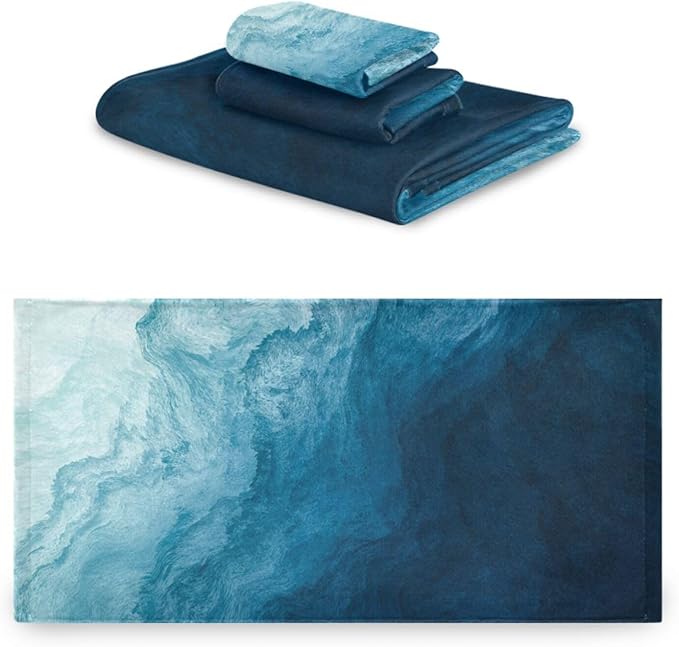 3 Piece Blue Sea Waves Bath Towel Set,Microfiber Modern Abstract Navy Ocean Beach Theme Decorative Guest Bathroom Towels,1 Bath Towel 1 Hand Towel for Bathroom Kitchen,1 Washcloth for Face