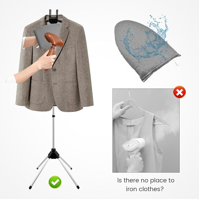 Garment Steamer Stand with Rotating Hanger & Heat-Resistant Glove - Adjustable Aluminum Alloy Ironing Rack for Pants, Jeans, Dresses - Folding Steamer Holder for Clothes(Color:Black)