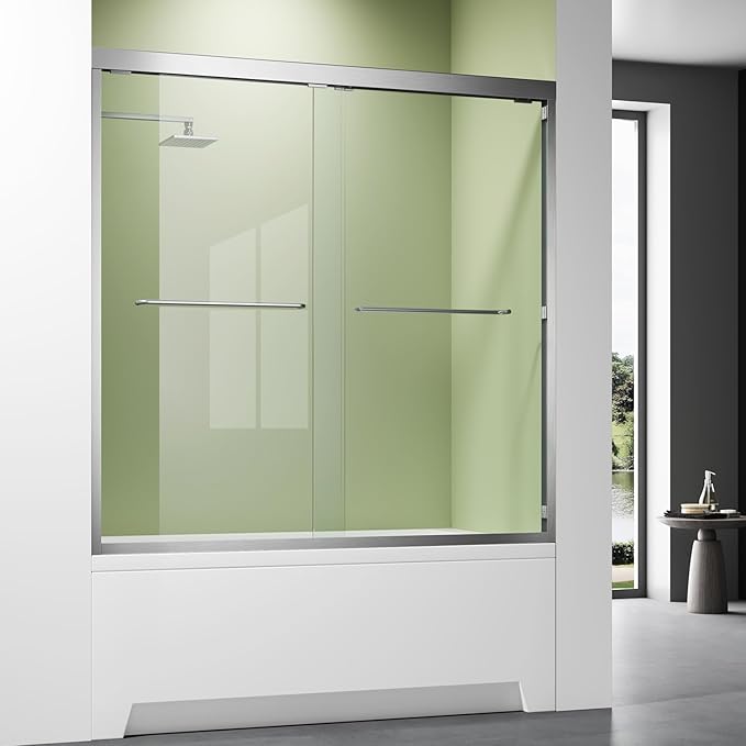 Satin Nickel 56-60'' W x 62'' H Bypass Sliding Bathtub Glass Shower Doors,Semi-Frameless Tub Shower Doors with 1/4 in. Clear Tempered Glass,Silver Stainless Steel Handles for Towel