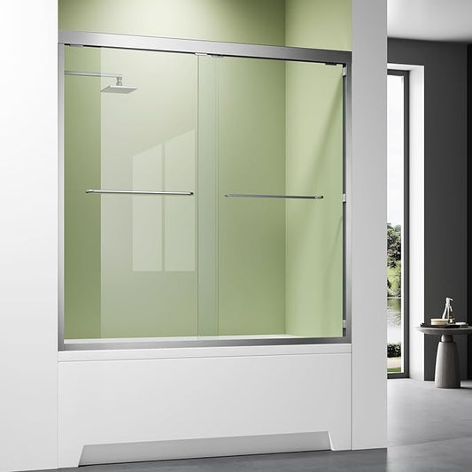 Satin Nickel 56-60'' W x 62'' H Bypass Sliding Bathtub Glass Shower Doors,Semi-Frameless Tub Shower Doors with 1/4 in. Clear Tempered Glass,Silver Stainless Steel Handles for Towel