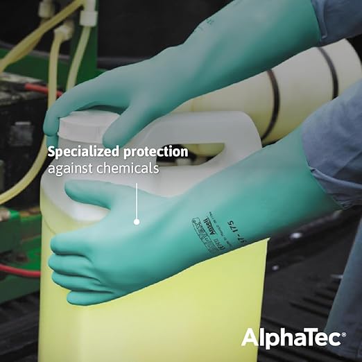 Ansell AlphaTec Solvex 37-175 Flocked Chemical-Resistant Gloves for Cleaning, Agriculture, Food, Oil - Small (7), Green (144 Pairs)