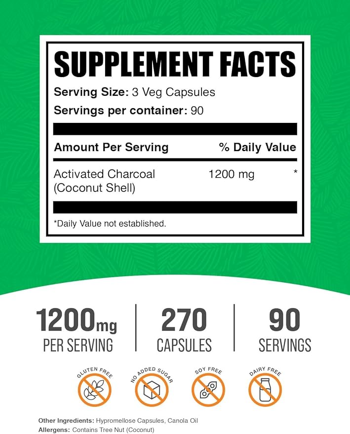 BulkSupplements.com Activated Charcoal Capsules - Coconut Charcoal, Activated Charcoal for Kidney Support, Activated Charcoal Pills - Vegan, 3 Capsules per Serving (1200mg), 270 Veg Capsules