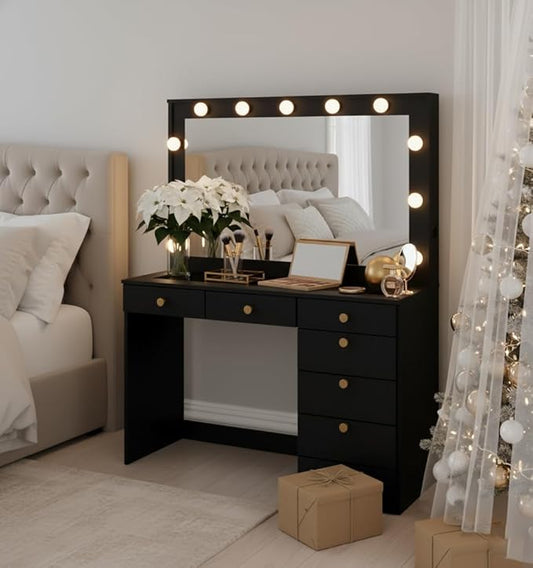 Boahaus Serena White Makeup Vanity with Mirror and 11 Lights, 7 Drawers, Glass Top, Crystal Knobs, USB-A & USB-C Ports, 110V Power Outlet, Bedroom Vanity Desk (Black)