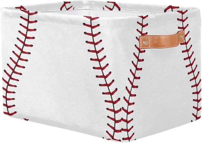 Pardick 2Pack Sports Baseball Print Large Collapsible Storage Bins,Sports Basket Decorative Canvas Fabric Storage Boxes with Handles,Rectangular Shelves Baskets Box for Home Office Nursery Closet