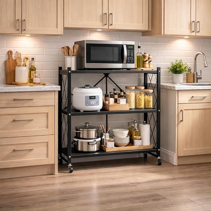 3-Tier Foldable Storage Shelf with Wheels | Metal Rack Collapsible Shelving Display | Rolling Cart for Books Kitchen Storage Shelves | Pantry & Closet Organizer | Office Room Decor