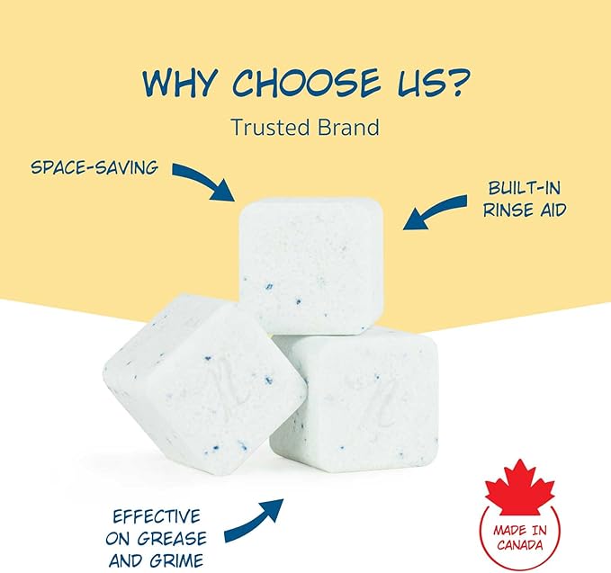Nellie’s Dish Cubes – 64-Pack (4 Boxes of 16 Cubes) – Compact Dishwasher Detergent – Space-Saving, Plastic-Reduced Packaging – Tough on Grease and Grime – Made in Canada